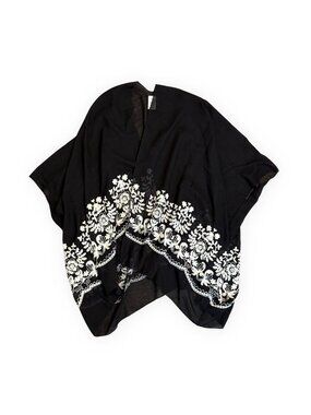 Black Embroidered Floral Kimono Wrap Poncho Boho One Size Shawl Top